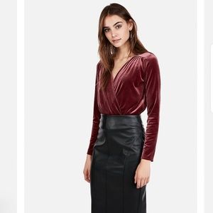 EXPRESS Burgundy Velvet Surplice Bodysuit